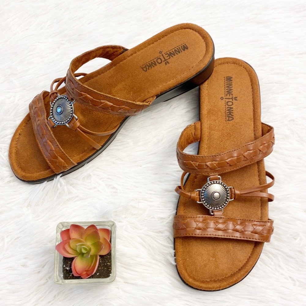 Minnetonka | Tan leather Boho Hippie Slip on casual embellished sandals …